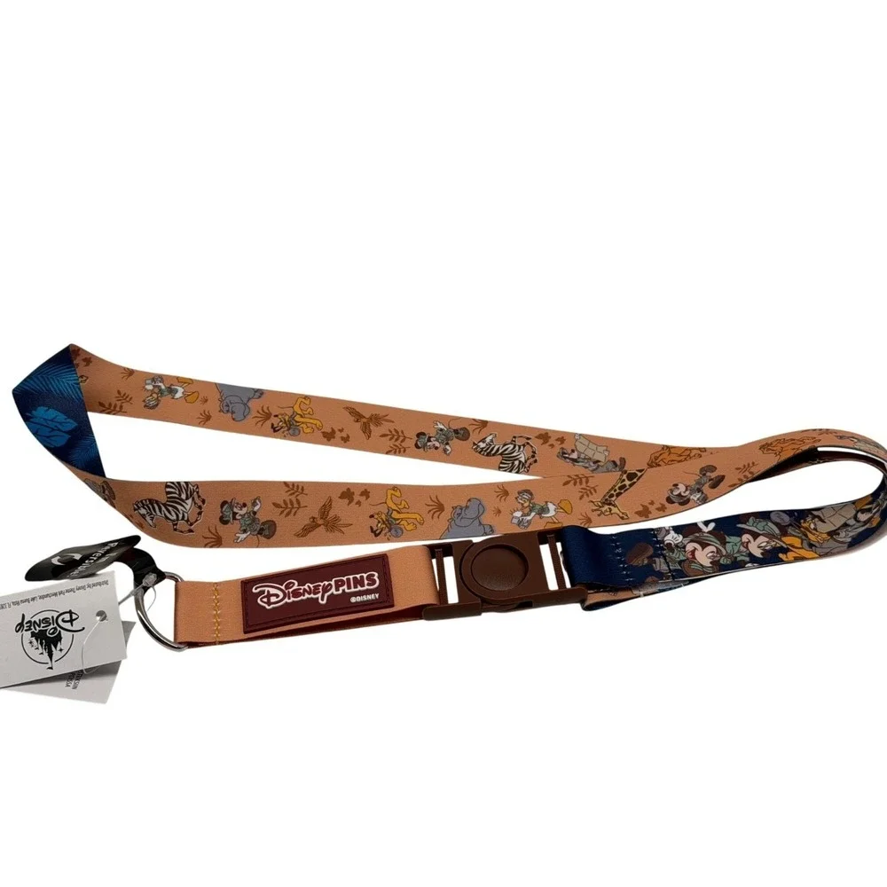 NWT Disney Parks Mickey & Friends Safari Lanyard Brown Trading Strap Reversible